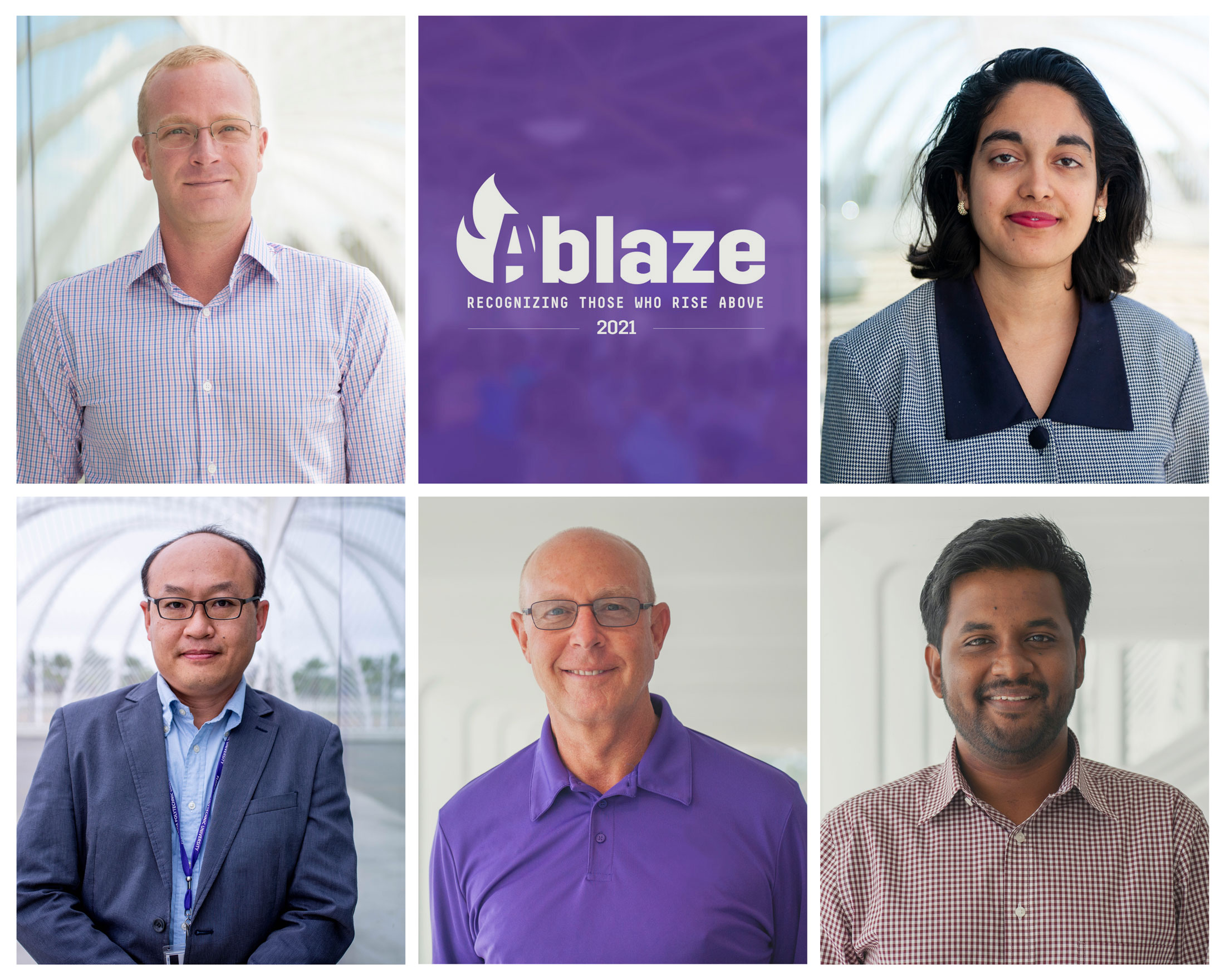 Clockwise from top left, Ablaze award recipients are Dr. Matt Bohm, Dr. Sanna Siddiqui, Dr. Ashiq Sakib, Larry Locke, and Dr. Younggil Park.